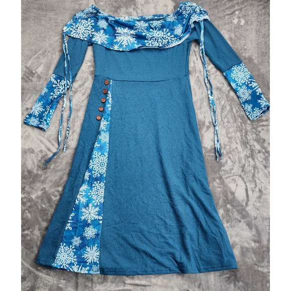 Womens Blue Long Sleeve Winter Date Night Fitted Off The Shoulder Dress L - Picture 2 of 6